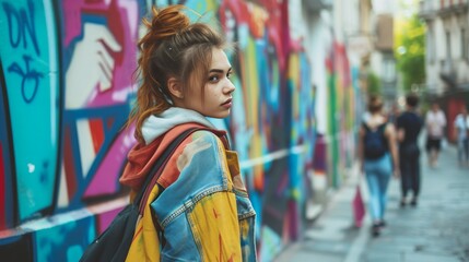 A young woman with a trendy, casual style glances over her shoulder, standing by a vibrant graffiti wall. The scene showcases urban culture, street art, and youthful fashion, capturing a moment of