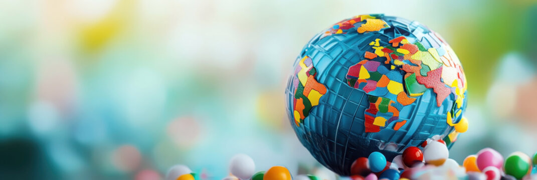 International Mother Language day. A multi-colored globe on a blurred light background. Horizontal banner. Free space for text. Copy space - Powered by Adobe