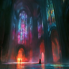 The Majestic Cathedral Interior Bathed in Midnight Stillness neon color photo