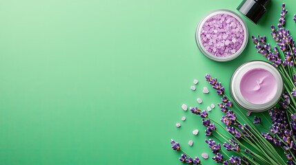 Obraz na płótnie Canvas Lavender products with cream and salt on green background, relaxing and soothing theme.