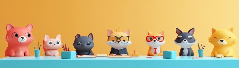 Fototapeta premium A group of 3D animal cartoon characters in a corporate meeting discussing financial strategies and resolving a conflict over budget flat design with text copy space
