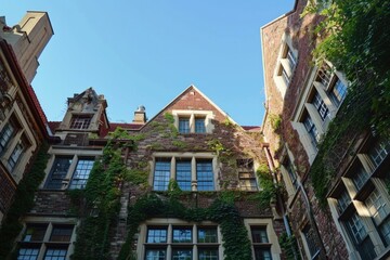 Obraz premium Green ivy is growing on the brick facade of an old building, giving it a classic university look
