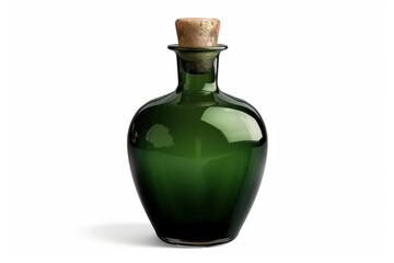 A dark green glass bottle of olive oil with a cork stopper, isolated on a white background