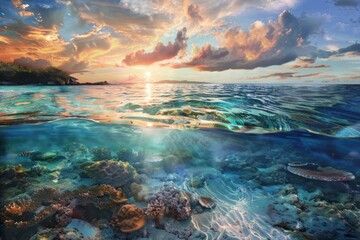 Fototapeta premium Sun setting over a tropical island with the coral reef visible below the surface of the water