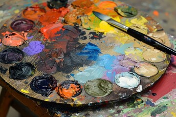 Well used artist's palette with colorful oil paints and a paintbrush lying on top is sitting on an easel