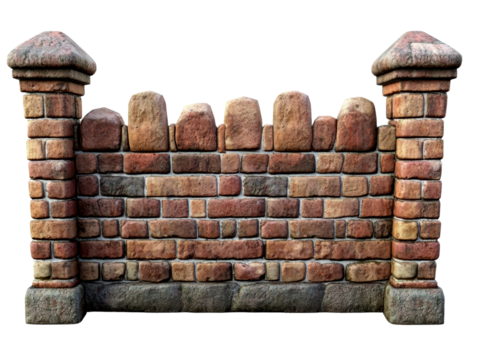 Brick wall with stone pillars, white isolated background transparent background