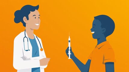 Fototapeta premium A illustration of a pediatric nurse giving a vaccine to a smiling child. The warm orange background creates a friendly atmosphere, making the healthcare scene approachable and positive for young