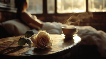 Cozy morning scene with a pink rose, steaming coffee, and a person by the window
