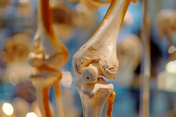 Fototapeta premium Model of a human knee joint showing the articulation of the femur, tibia, fibula and patella bones