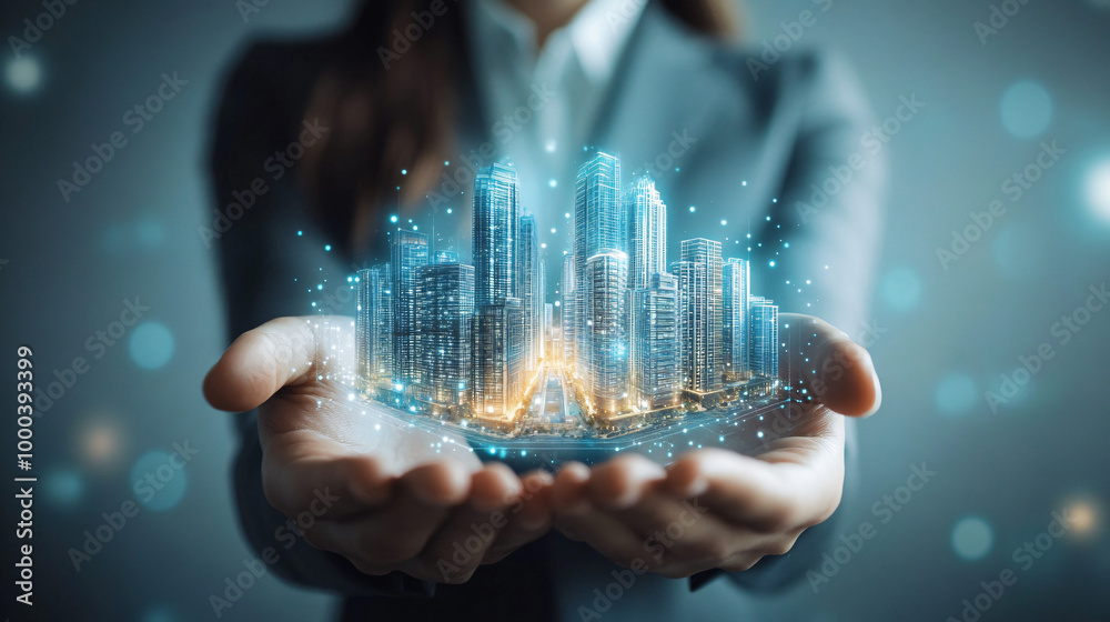 Aufkleber businesswoman displaying a digital cityscape hologram created from interconnected networks and nodes