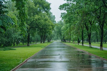 Obraz premium Rainy park pathway, lush greenery, tranquil scenery, wet pavement, nature escape, serene atmosphere, perfect for relaxation and reflection, inviting peeks through the trees