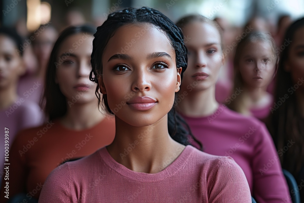 Wall mural portrait of a young woman standing confidently in the middle of a crowd symbolizing leadership empow