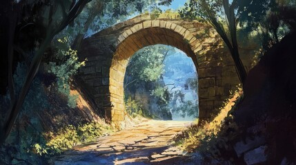 Stone Archway Leading Through a Lush Forest