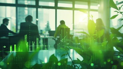 Modern office scene with employees working in the background, overlaid with green digital data analytics, emphasizing eco-friendly business practices and sustainability. Green plants in the foreground