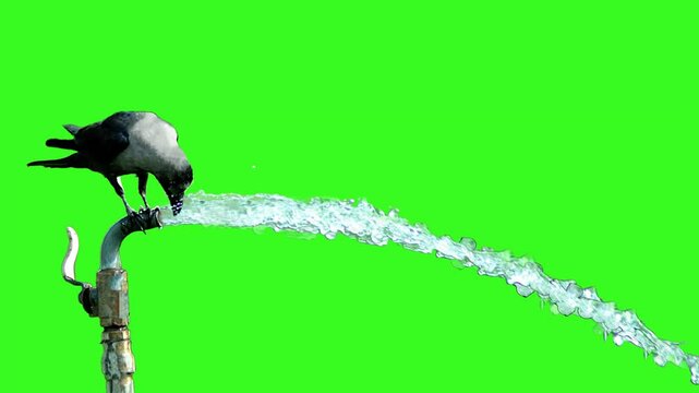 thirsty crow drinking water from tap, quench
