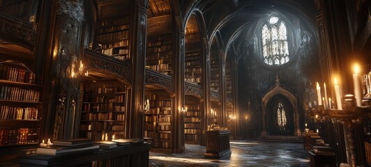 Fototapeta premium A Gothic library, with towering shelves, ornate arches, and richly detailed woodwork