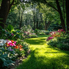 Beautifully Maintained Garden with Bright Flowers and Lush Greenery in Sunlight