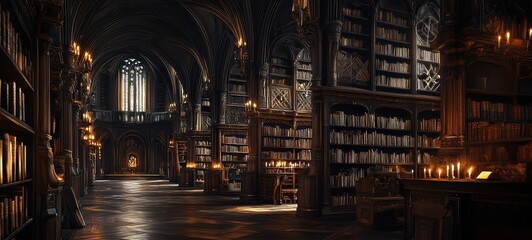 Obraz premium A Gothic library, with towering shelves, ornate arches, and richly detailed woodwork