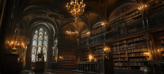 Obraz premium A Gothic library, with towering shelves, ornate arches, and richly detailed woodwork