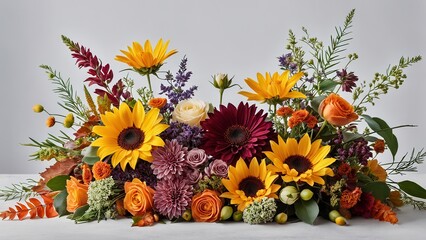 A vibrant floral arrangement featuring sunflowers, roses, and various colorful blooms.