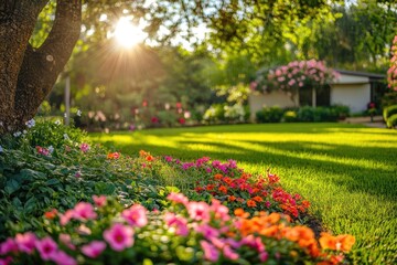 Beautifully Maintained Garden with Bright Flowers and Lush Greenery in Sunlight