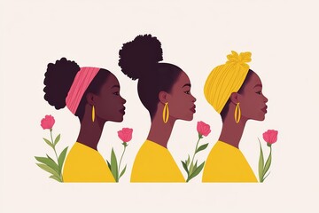Side profiles of three women with natural hair wearing colorful headwraps and flowers symbolizing cultural pride beauty and individuality in a vibrant modern composition