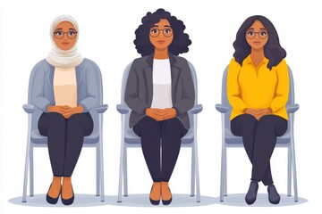 Obraz premium Three women of different backgrounds sitting in a formal office setting symbolizing professionalism diversity and inclusion in the workplace