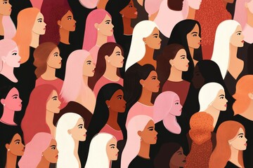 Crowd of women with different skin tones and hairstyles symbolizing diversity beauty and individuality in a minimalist modern composition