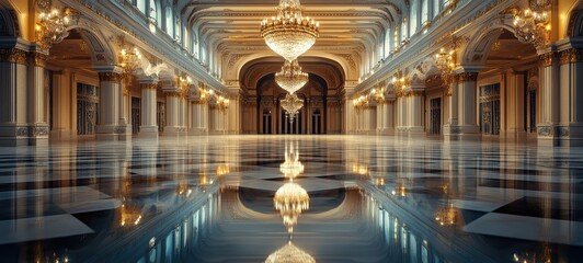 Obraz premium A grand, empty palace hall, with ornate architecture and chandeliers perfectly reflected in polished marble floors