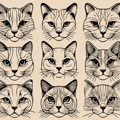 Obraz premium black and white pet line art pattern with cats set of cats