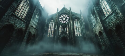 A grand Gothic abbey, with weathered stone walls and elaborate stained glass windows