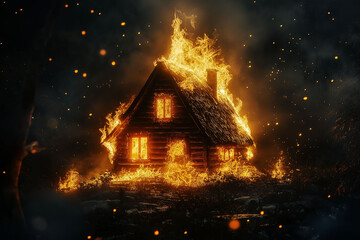 Fototapeta premium Burning wooden house, engulfed in flames, fire disaster at night, blazing inferno, home on fire, intense heat, emergency response, night blaze, risk concept