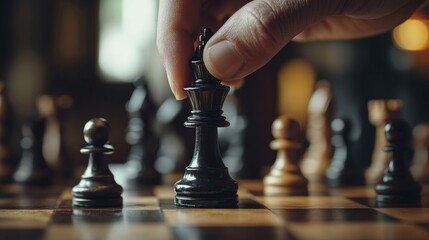 Hand holding a black king chess piece over a chessboard during a decisive game moment, with blurred wooden pieces in the background