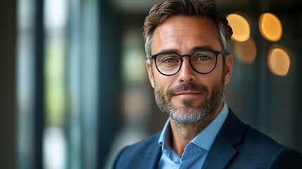 Obraz premium a man with glasses and a beard wearing a blue shirt and jacket
