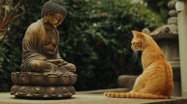 Orange cat sitting next to a Buddha statue outdoors in a peaceful garden setting, creating a serene and contemplative scene