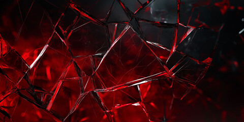 Broken red glass shards close-up, abstract design, shattered reflections, dark background, light,...