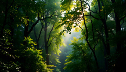 Obraz premium Sunlight Streaming Through Dense Forest Canopy.