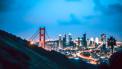 Obraz premium Golden Gate Bridge and San Francisco Skyline at Dusk.
