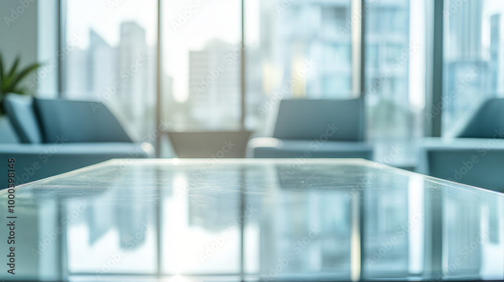 Poster empty glass table reflecting sunlight in a modern office with couches and large windows overlooking 