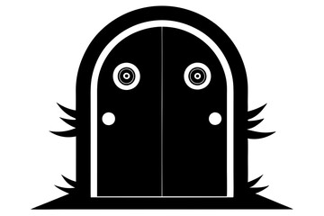 Halloween door with monster eyes. Scary and creepy creatures eyeballs glowing in darkness, night demons or Halloween monsters cartoon vector eyes in opened door arch background