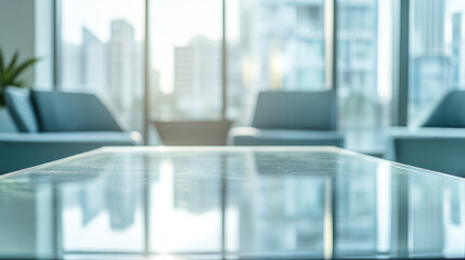 Empty glass table reflecting sunlight in a modern office with couches and large windows overlooking the city