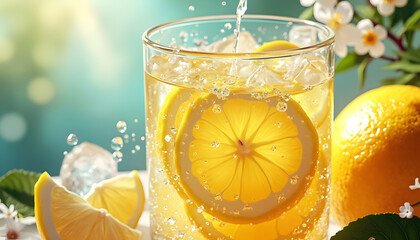 Lemonade with Lemon Slices and Ice Cubes.