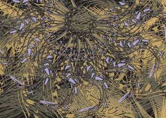 Dark textural floral backdrop in golden-gray tonality. Chaotic hawaiian motifs for fashion trends, business concepts, covers, scrapbooking, interior solutions, tiles, prints, posters, etc. Vector