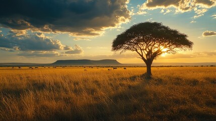 Fototapeta premium Sunset Over African Grasslands with Solitary Acacia Tree and Rolling Hills