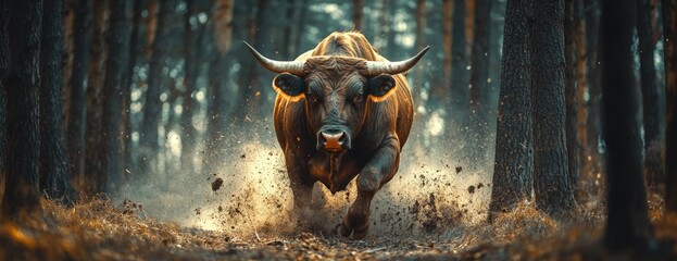 Charging Bull in Forest with Dust and Leaves in Motion