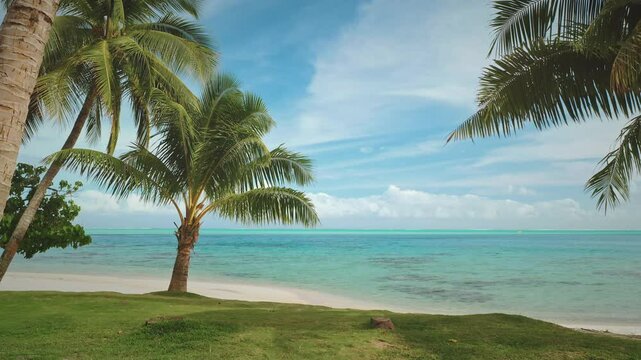 Palm trees growing on idyllic tropical sand beach. Turquoise blue water lagoon. blue sky. Relax, holiday, vacation, travel background. Wild nature pristine landscape. Natural wallpaper. Static shot