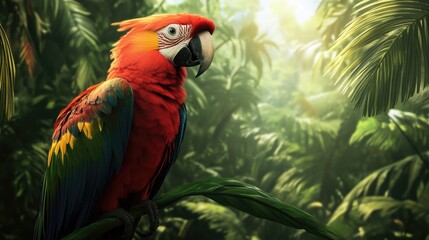 Obraz premium Scarlet Macaw in Sunlit Tropical Forest