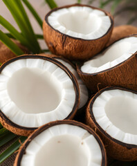 Fresh coconuts cut open on palm leaves.