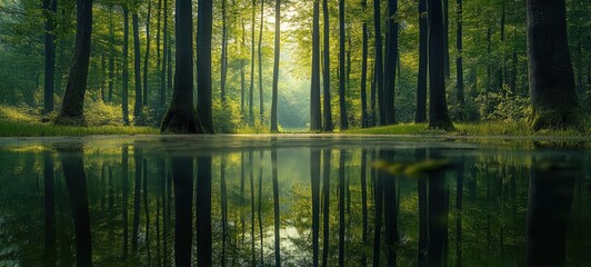 A magical forest, with tall trees and foliage reflected in a calm, reflective pond