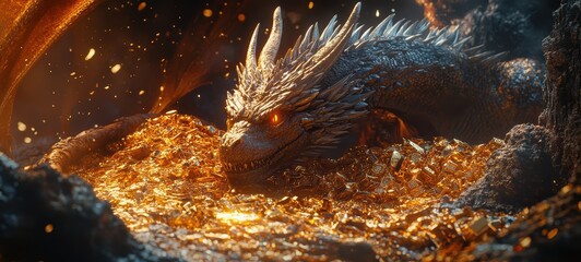 A majestic dragon curled around a treasure hoard